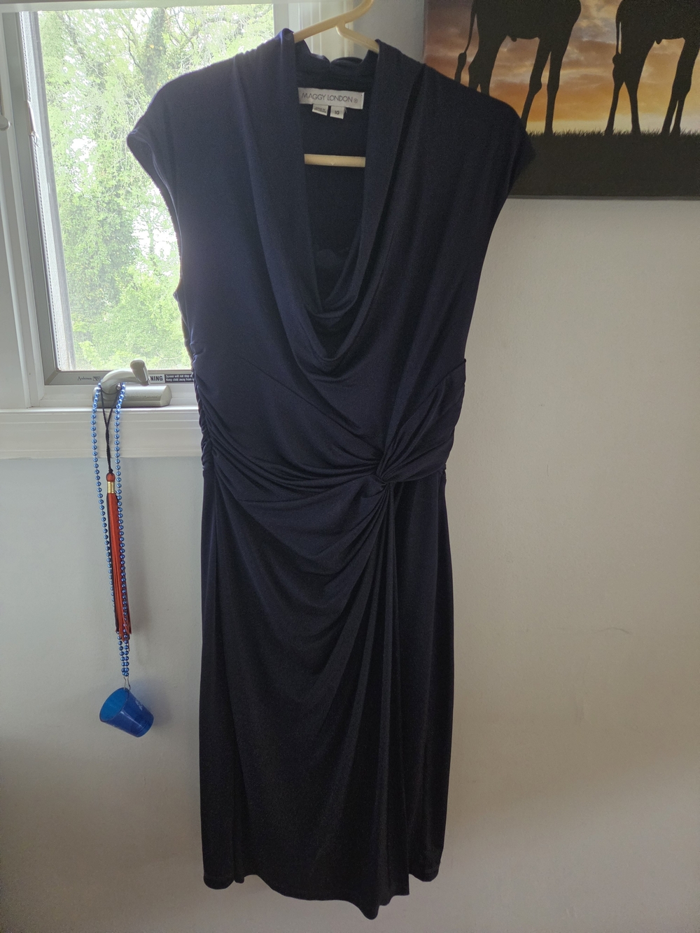 Maggy London Navy Cowl Neck Midi Dress with Side Knot